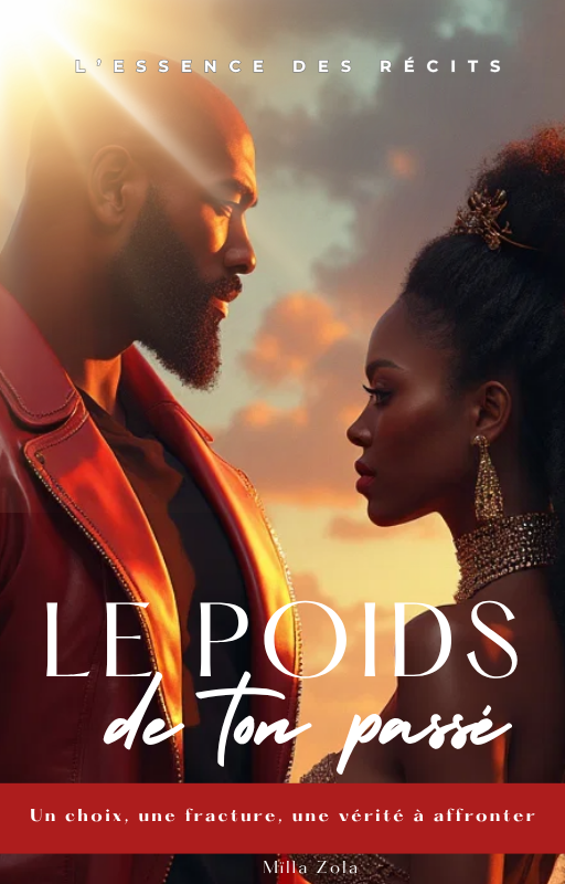 Illustration d’un homme et d’une femme noirs se regardant intensément au coucher du soleil, couverture du roman “Le Poids de ton Passé”.