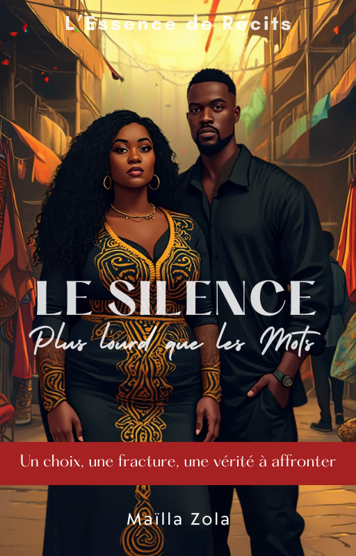 Illustration d’un homme et d’une femme noirs debout dans un marché, vêtus d’habits traditionnels, couverture du roman “Le Silence, plus lourd que les Mots”.